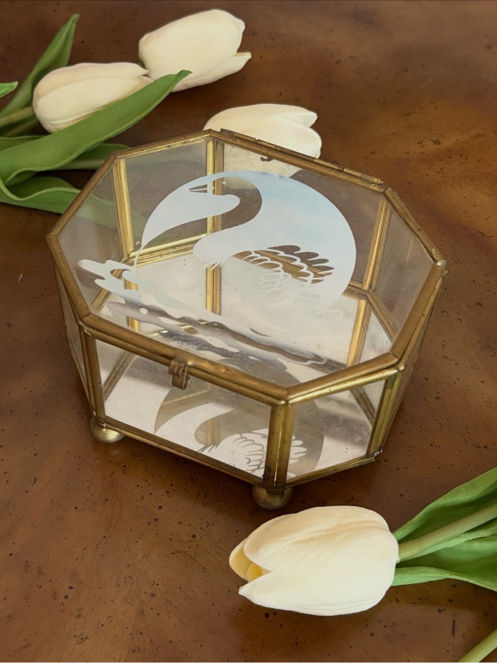 Octagonal Glass Jewelry Box with Etched Swan